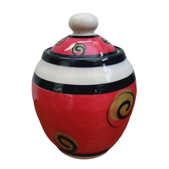 Su Chi Pottery Handmade Red Green Spiral Sugar Honey Pot Bowl w/ Lid - Picture 3 of 6